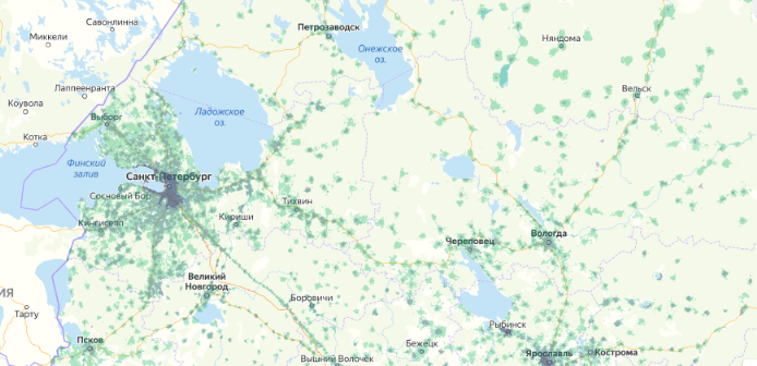 Зона покрытия МТС на карте Тамбов 